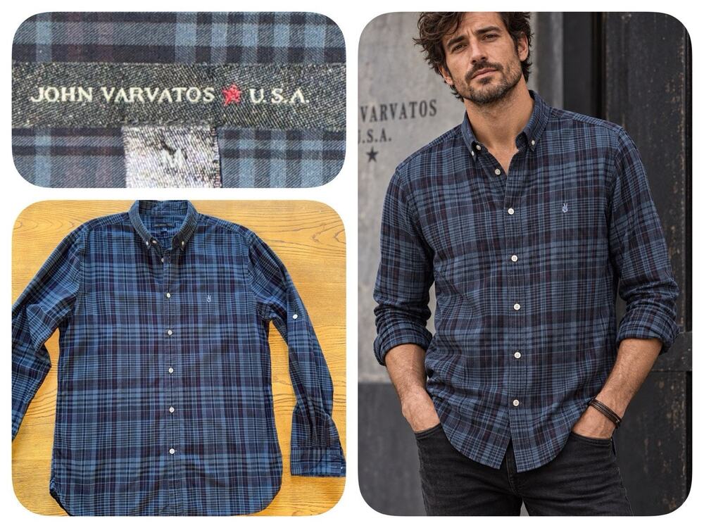 John Varvatos Star USA Indigo Plaid Button Down Shirt Men M 100% Cotton Roll Tab